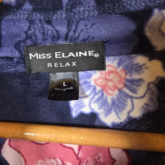 Miss Elaine Housecoat Velour Plush Full Zip Blue Floral Pockets Large Grandma - Picture 3 of 6